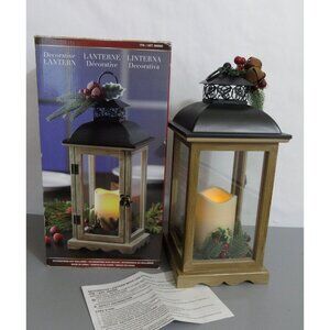 Decorative Lantern Flickering LED Candle Christmas Greenery 14.5"H Wood/Bk Metal